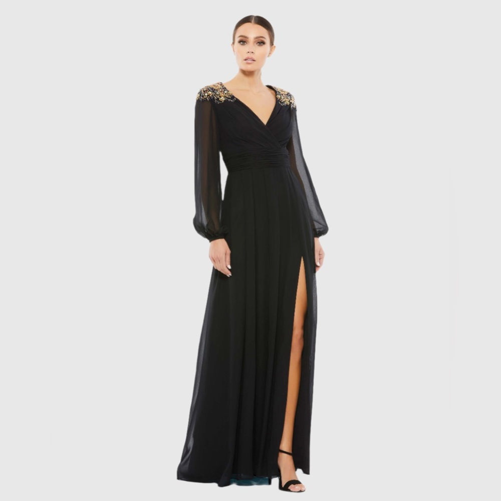 Mac Duggal Black Embellished Shoulder Blouson Sleeve Evening Gown 55694